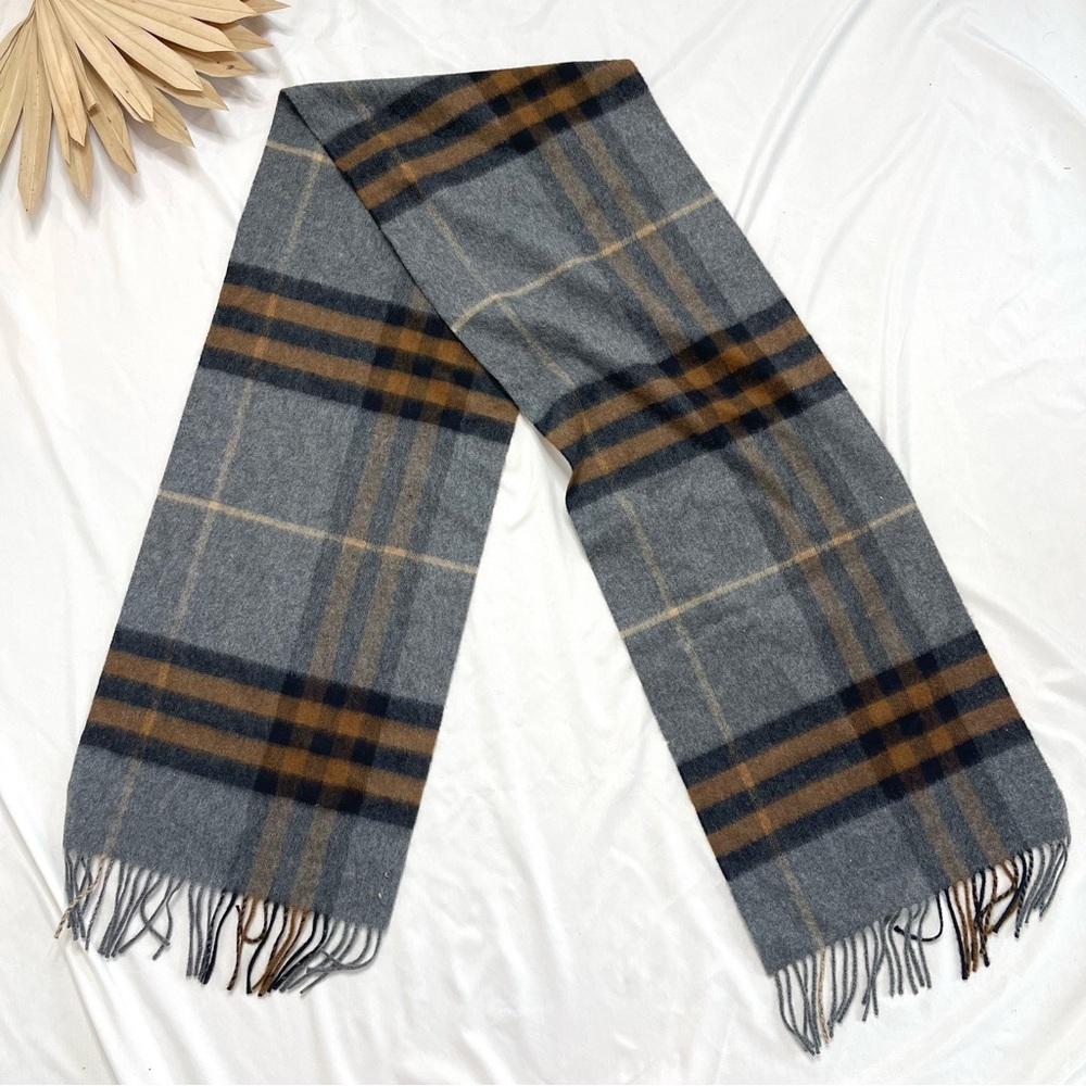 Burberry 100% Cashmere Grey Blue Plaid Nova Check Scotland Stripe Fringe Scarf